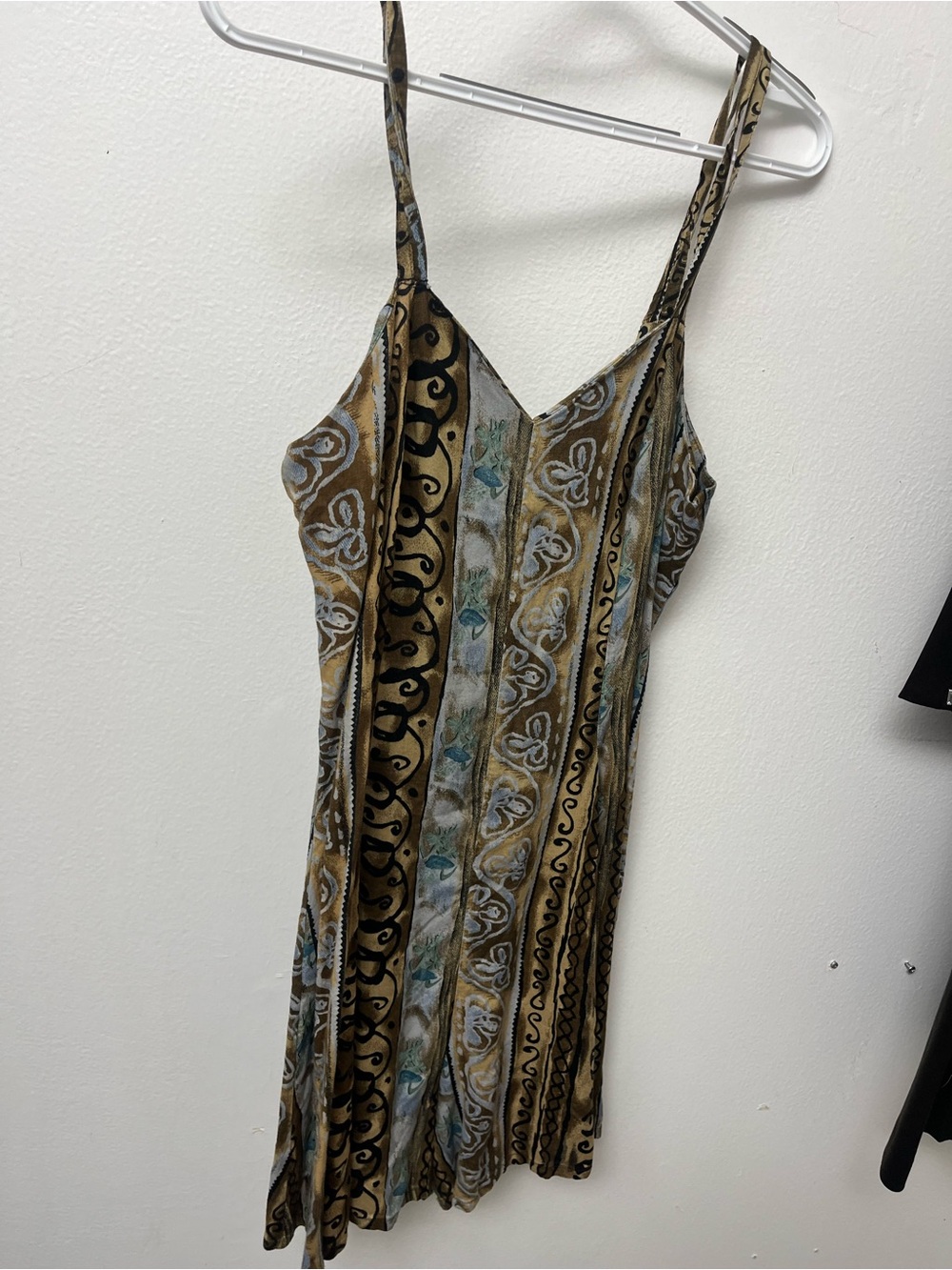 liberty Strappy V-Neck romper in Brown, Blue & Tan Print